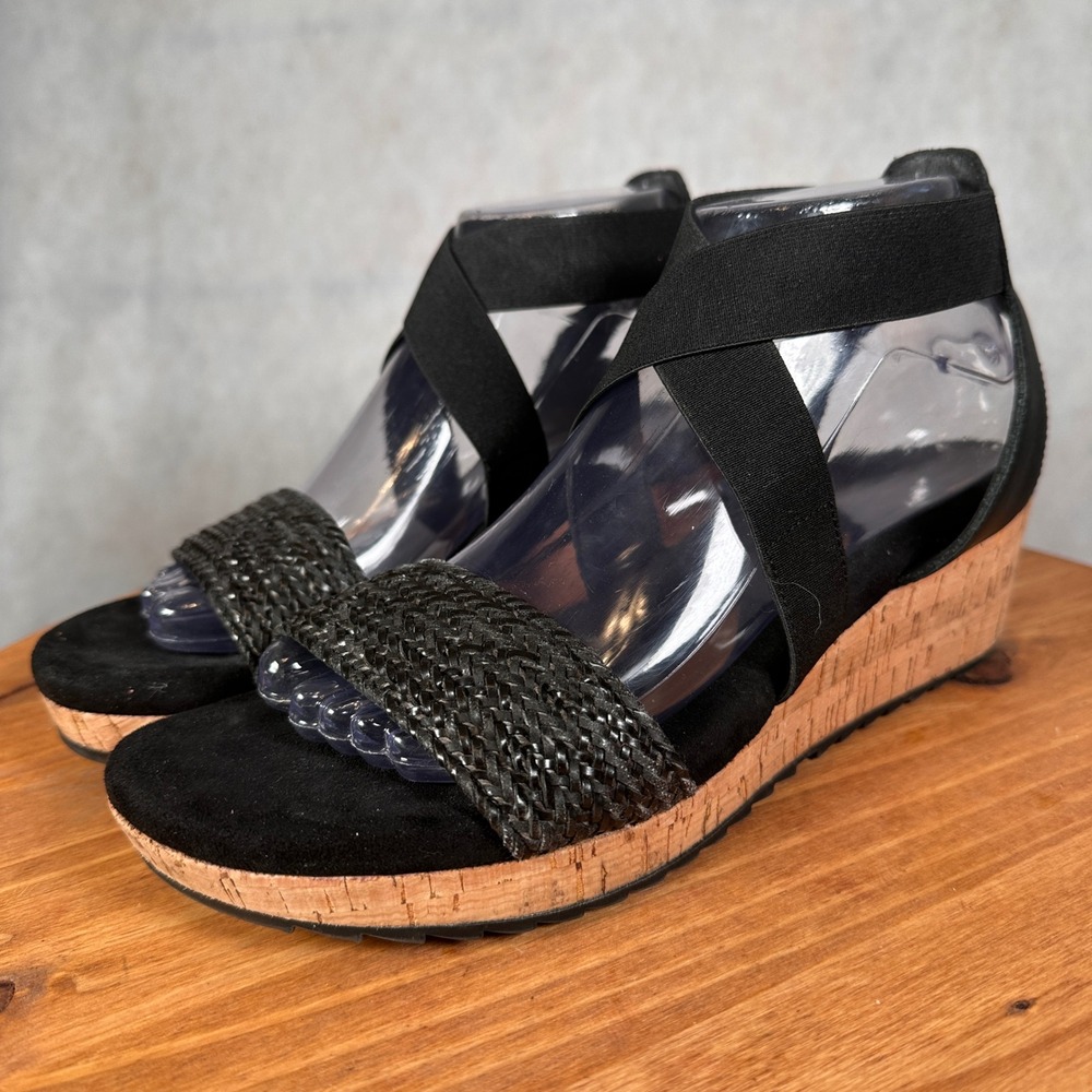 Easy Spirit Wedge Sandals Womens 9 Black Good Woven Elastic Straps Cork Platform